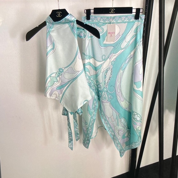 Emilio Pucci Other - Emilio Pucci Aqua and White Paisley Swim Sarong